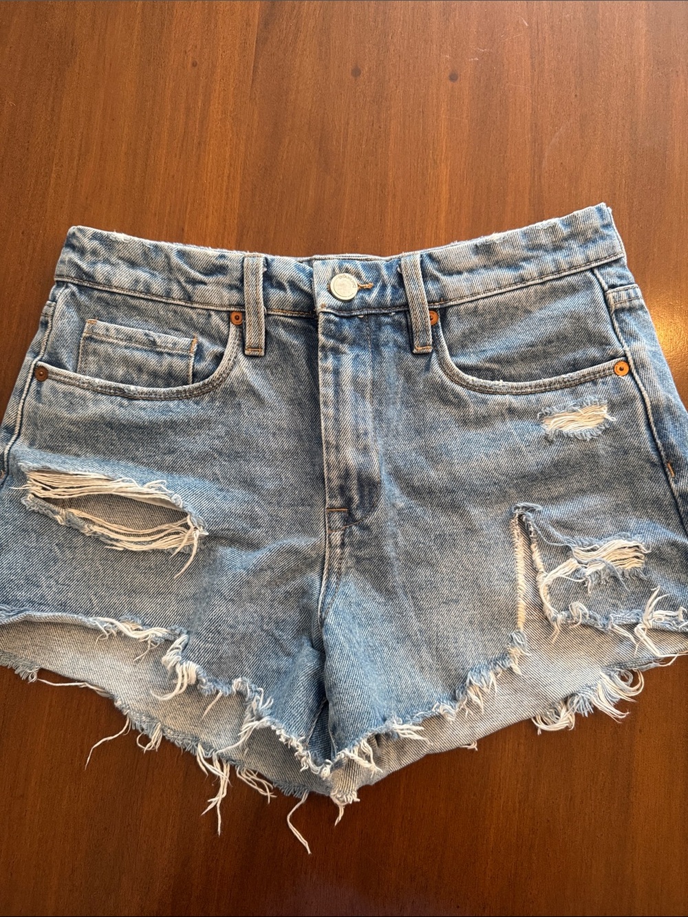 High-Rise Distressed Denim Shorts - Light Blue - Picture 1 of 2